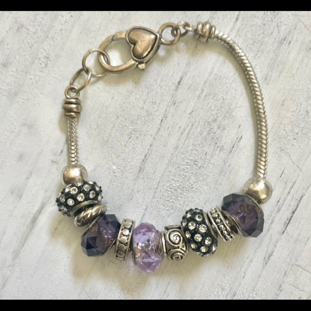 Silver tone purple and silver bead bracelet
